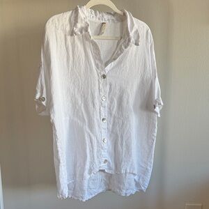 XCVI White Linen Short Sleeve Button Up